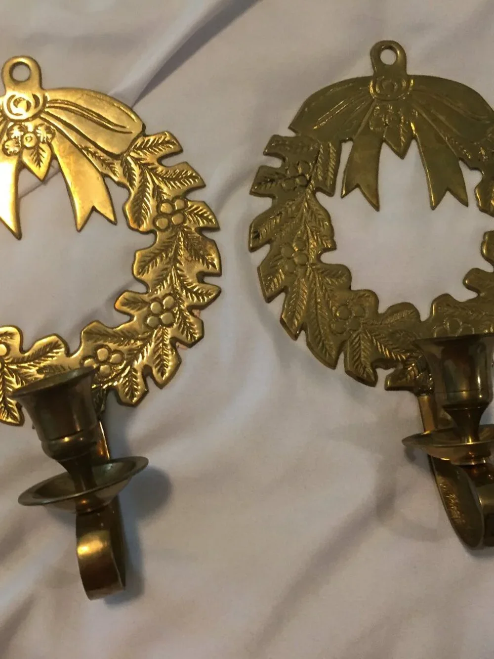 2 Vintage Hosley International Solid Brass Christmas Wreath Wall Candle Sconce